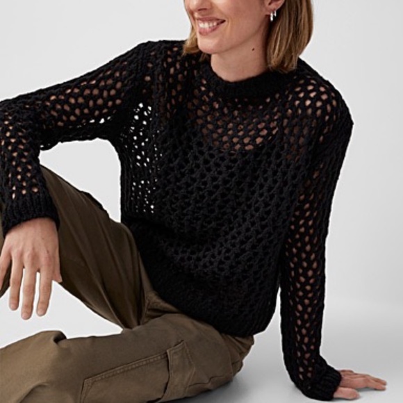 Simons Open Knit Mesh Crew Neck Sweater Black Women's Size XS/S - Picture 1 of 11